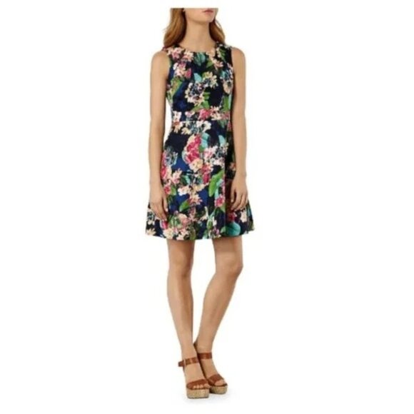 Karen Millen Blue and Pink Fit and Flare Tropical Floral Print Dress Size 2 - Picture 1 of 4